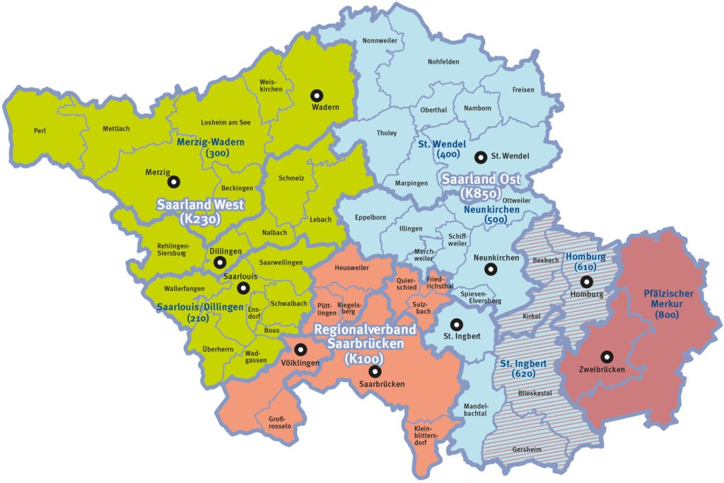 Karte des Verbreitungsgebiets von Saarbrücker Zeitung und Pfälzischer Merkur