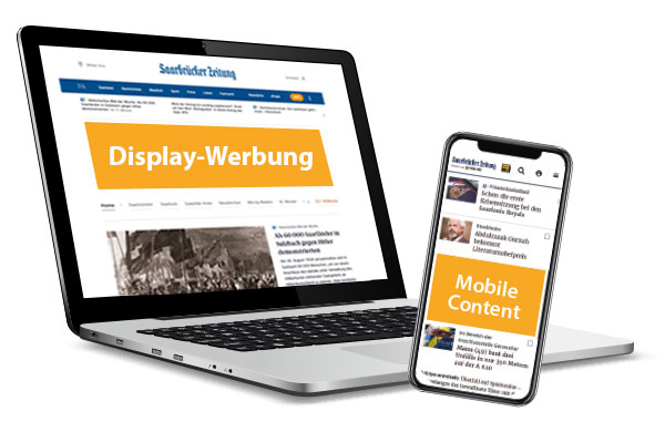 Laptop und Mobiltelefon mit der Saarbrücker Zeitung online im Disply