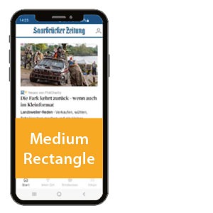 Ein Smartphone mit der SZ-News-App und einem Platzhalter für das Werbemittel "Medium Rectangle" wird dargestellt