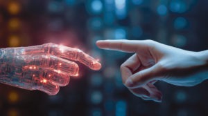 Das Bild zeigt eine Roboterhand und eine menschliche Hand.