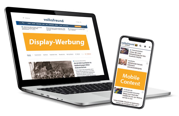 Das Display eines Laptops und eines Smartphones mit Werbeplätzen bei volksfreund.de werden dargestellt