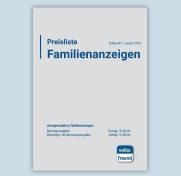 Die Titelseite der Preisliste für Familienanzeigen des Trierischen Volksfreund wird dargestellt.