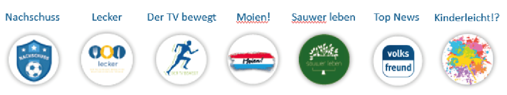 Die Logos folgender Newsletter des Trierischen Volksfreund werden dargestellt: Aufgetischt, Unn?, Klima, Kaiserlinde, Top-News, lokale Newsletter.