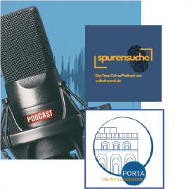 Ein Mikrofon mit der Aufschrift "Podcast" ist zu sehen. Daneben je ein Logo des Podcasts "Spurensuche" und "Porta" des Trierischen Volksfreund.