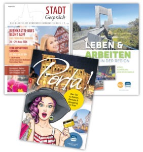 Drei Titelseiten der Magazine "Porta", "Stadtgespräch Bernkastel-Kues" und "Leben und Arbeiten in der Region" werden dargestellt