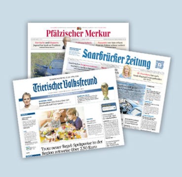 Die Titelseiten von Trierischer Volksfreund, Saarbrücker Zeitung und Pfälzischer Merkur wird dargestellt.