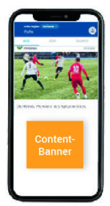 Ein Screenshot des Werbemittels "Content-Banner" auf dem Portal fupa.net/rheinland wird dargestellt.