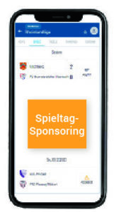 Ein Screenshot des Werbemittels "Spieltag-Sponsoring" auf dem Portal fupa.net/rheinland wird dargestellt.